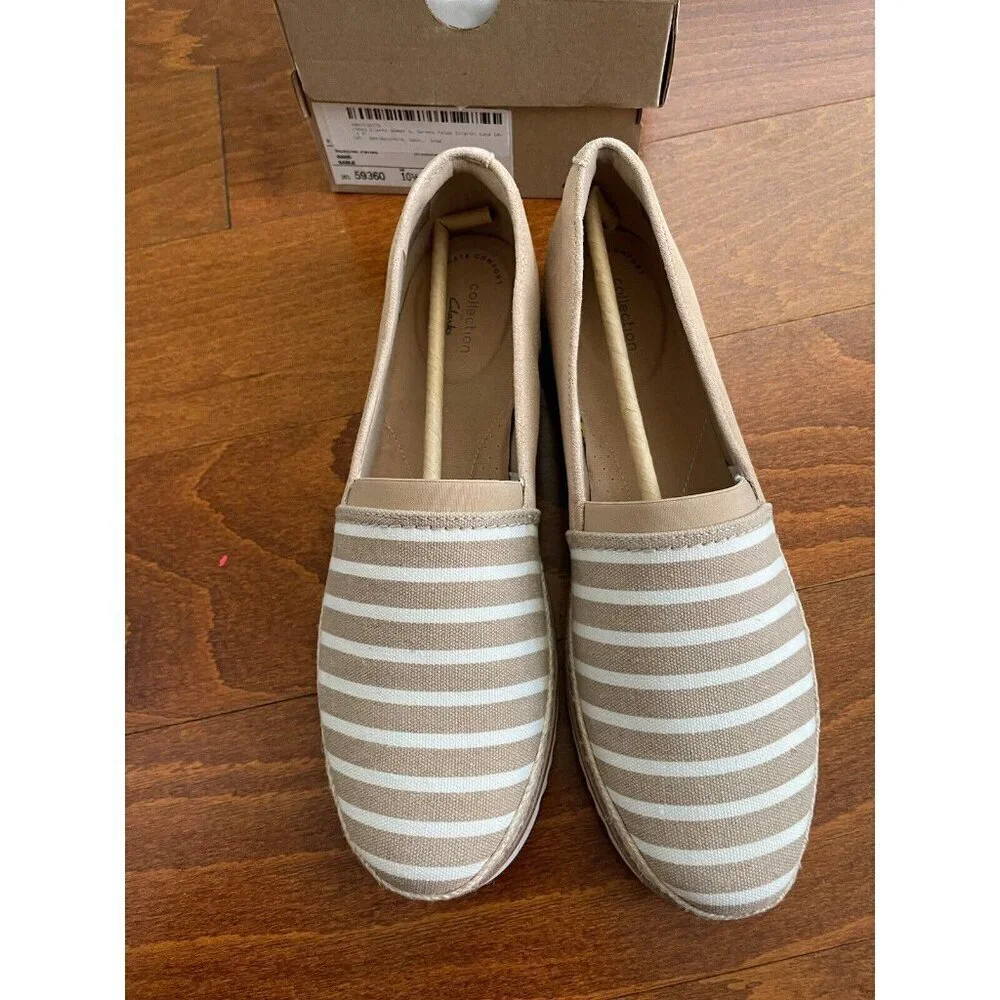 Clarks Serena Paige Espadrille‎ Slip-on Loafers Sand & White Striped 9.5 M NEW